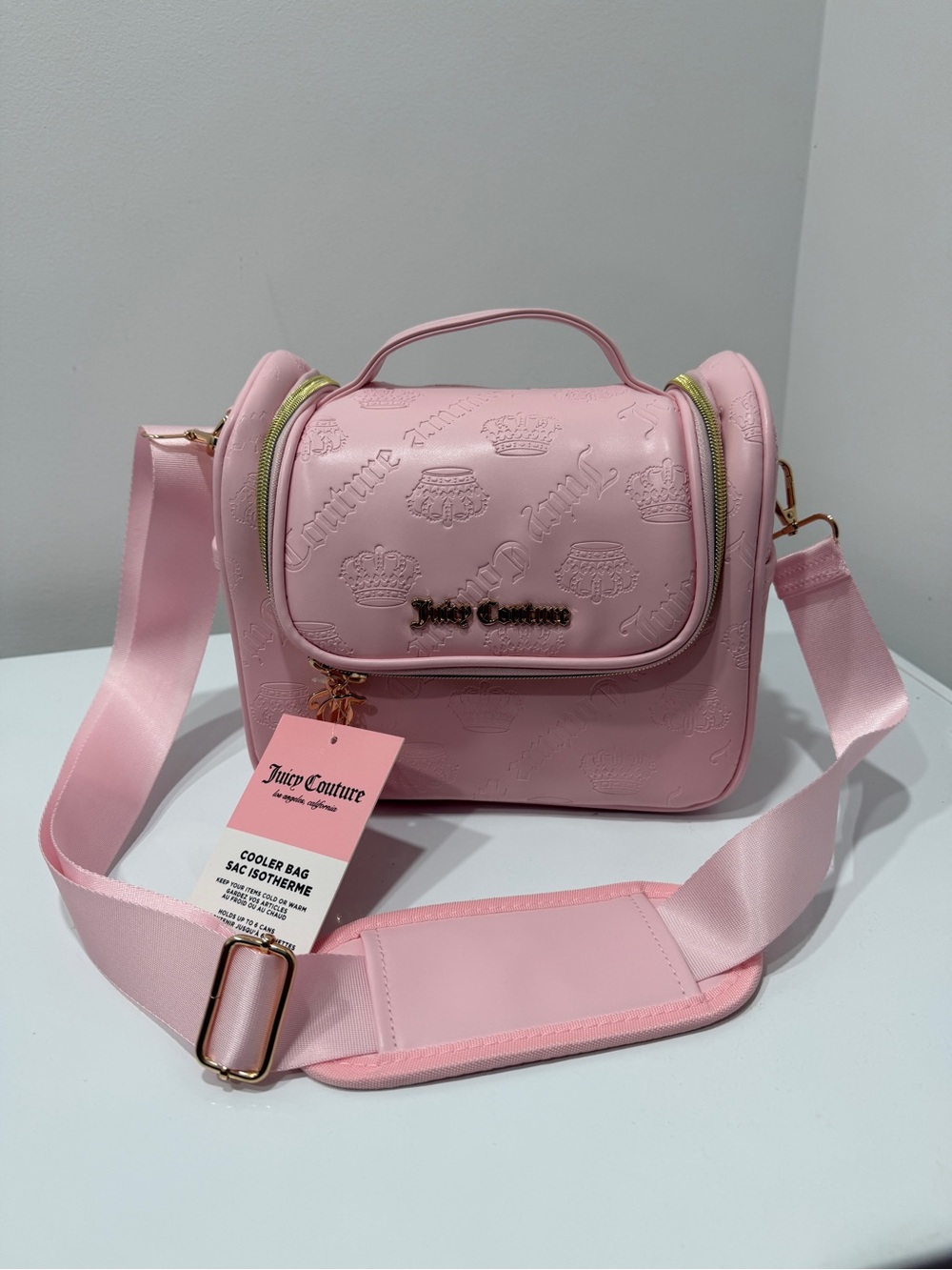 Juicy Couture Light Pink Embossed Crossbody Cooler Bag with Gold Hardware